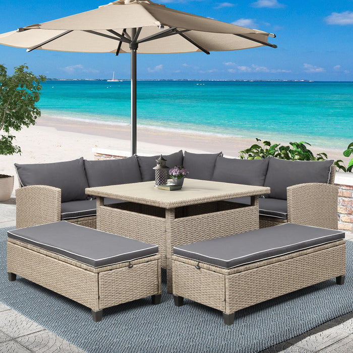 6-Piece Patio Furniture Set Outdoor Wicker Rattan Sectional Sofa with Table and Benches for Backyard, Garden, Poolside