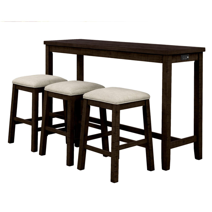 4 Pieces Counter Height Table with Fabric Padded Stools, Rustic Bar Dining Set with Socket, Brown