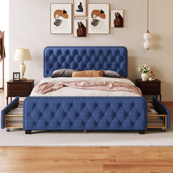 Upholstered Platform Bed Frame with Four Drawers, Button Tufted Headboard and Footboard Sturdy Metal Support, No Box Spring Required, Blue, Queen