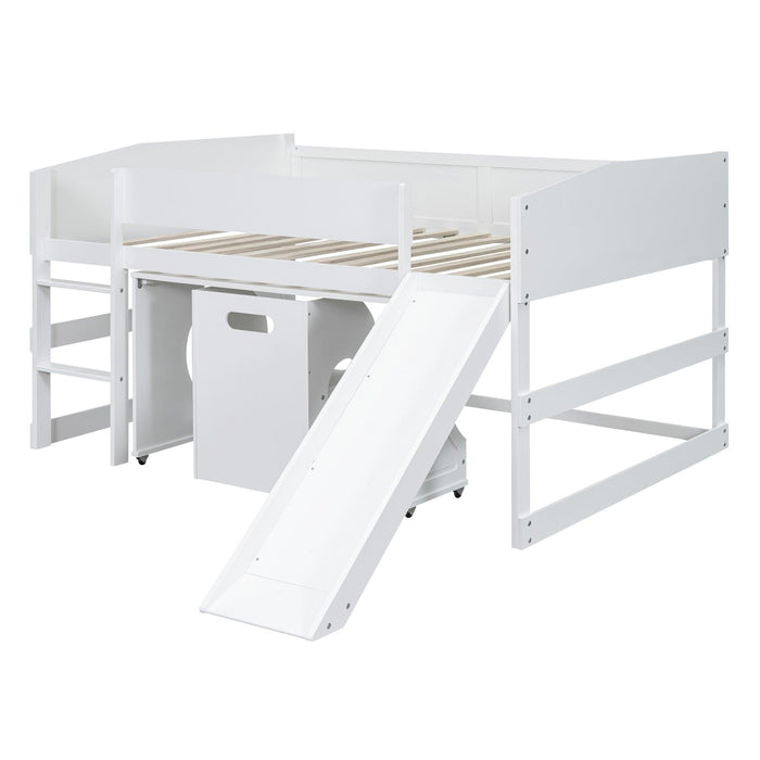 Low Study Full Loft Bed with Rolling Portable Desk and Chair,Multiple Functions Bed- White