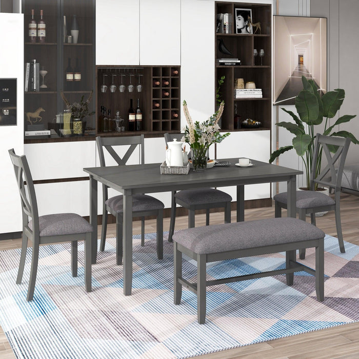 6-Piece Kitchen Dining Table Set Wooden Rectangular Dining Table, 4 Fabric Chairs and Bench Family Furniture (Gray)