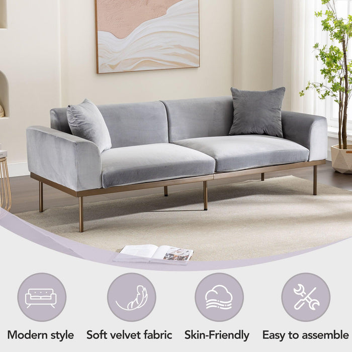 Modern Velvet Sofa with Metal Legs,Loveseat Sofa Couch with Two Pillows for Living Room and Bedroom,Grey