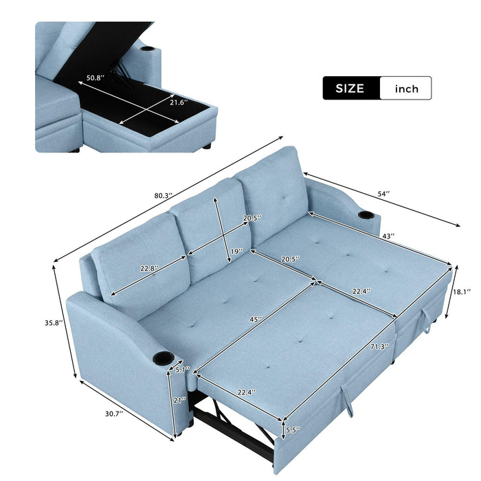 80.3"  Pull Out Sofa BedModern Padded Upholstered Sofa Bed , Linen Fabric 3 Seater Couch withStorage Chaise and Cup Holder , Small Couch for Small Spaces