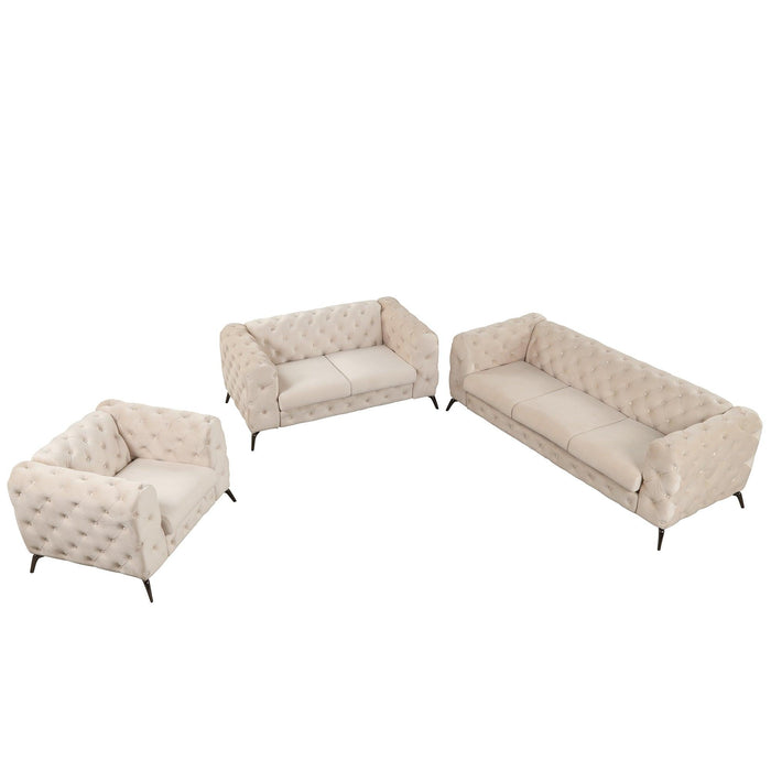 Modern 3-Piece Sofa Sets with Sturdy Metal Legs,Velvet Upholstered Couches Sets Including Three Seat Sofa, Loveseat and Single Chair for Living Room Furniture Set,Beige