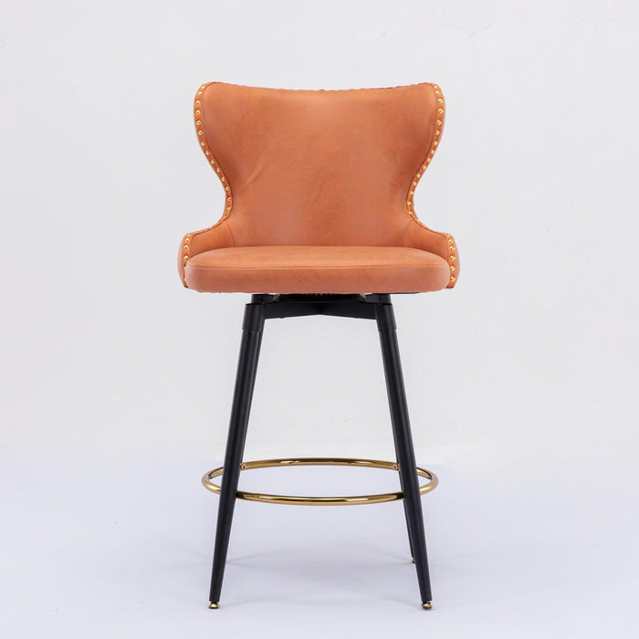 Counter Height 25"Modern Leathaire Fabric bar chairs,180° Swivel Bar Stool Chair for Kitchen,Tufted Gold Nailhead Trim Bar Stools with Metal Legs,Set of 2 (Orange)