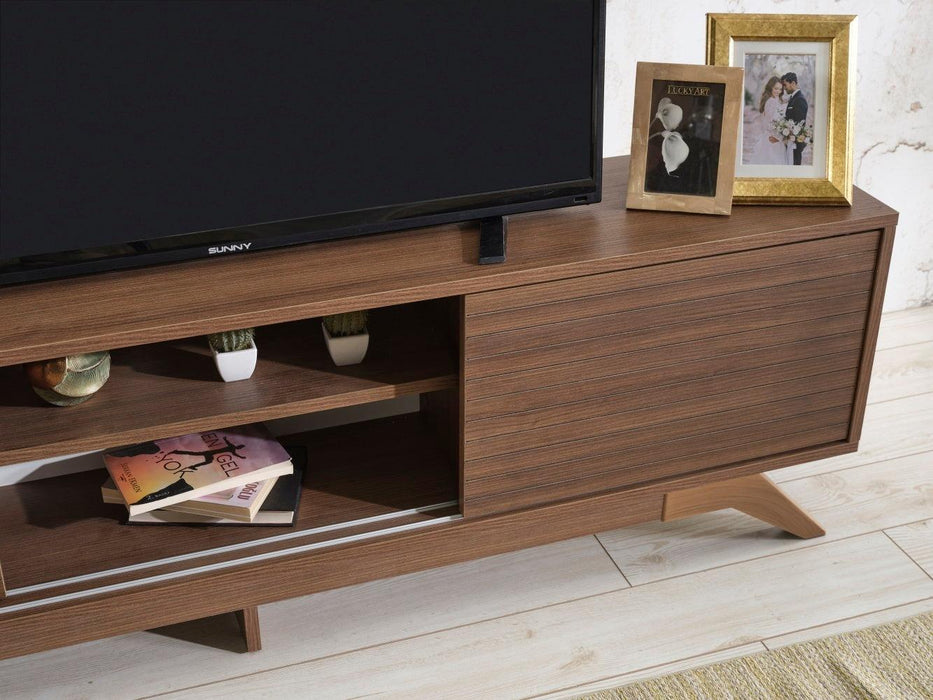 Luxia Mid CenturyModern Tv Stand 2 Sliding Door Cabinet 2 Shelves 67 inch Tv Unit, Walnut