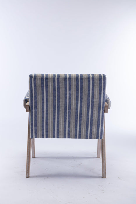 Accent chair, KD rubber wood legs with black finish. Fabric cover the seat. With a cushion.Blue Stripe