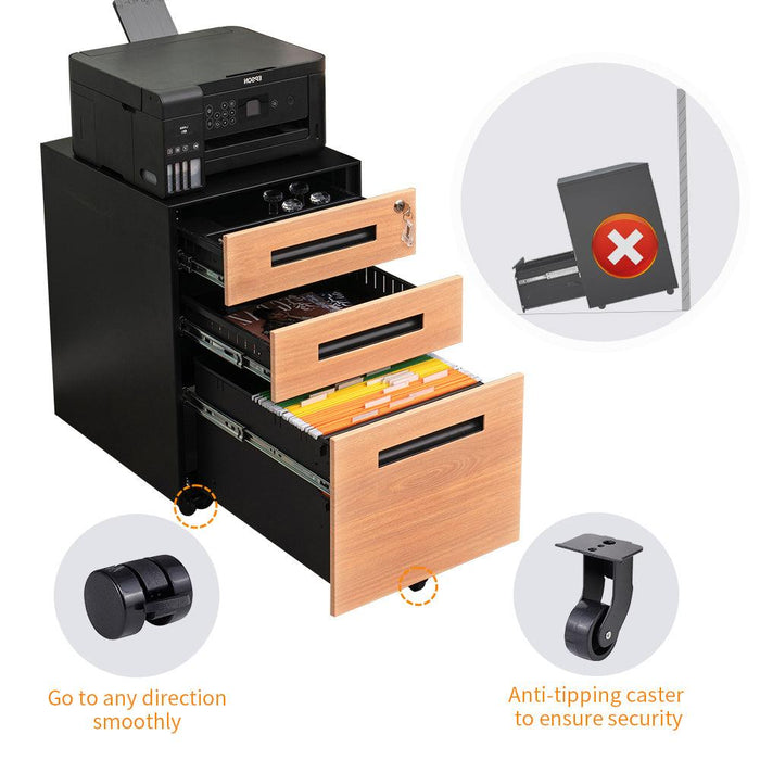 3 Drawer Mobile File Cabinet with Lock Steel File Cabinet for Legal/Letter/A4/F4 Size, Fully Assembled Include Wheels, Home/ Office Design