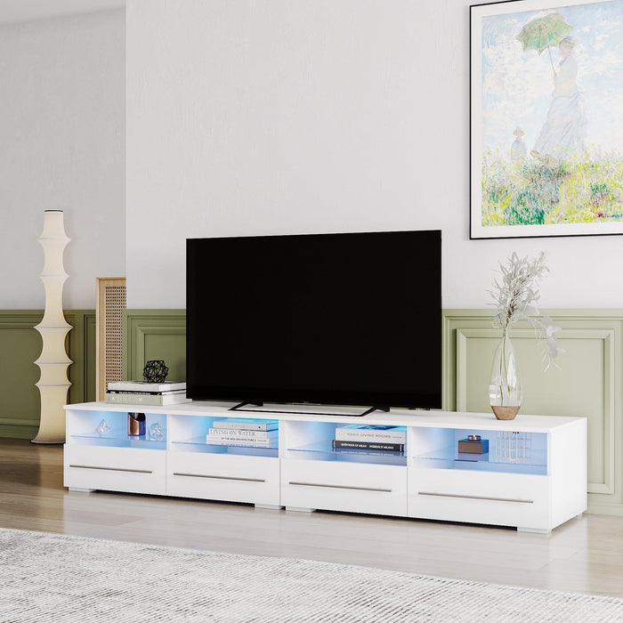 White TV cabinet has two drawers with dual end color-changing LED light strip