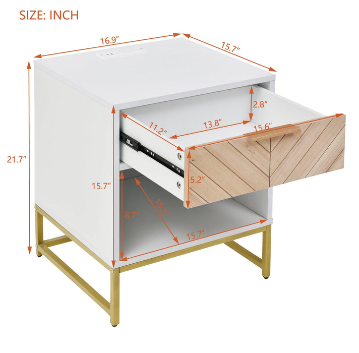 Nightstand with USB Charging Station,Modern End Table with Natural Wood Finish Drawer ,Metal Leg and Handle,White+Natural