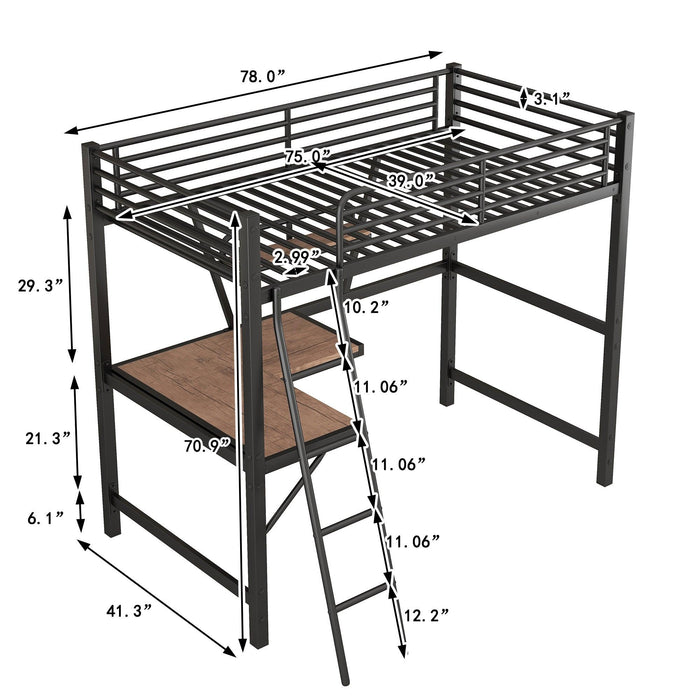 Twin Size Loft Metal&MDF Bed with Desk and Shelf, Black