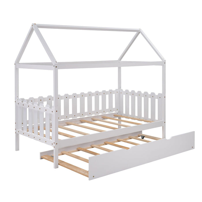 Twin Size House Bed with trundle, Fence-shaped Guardrail, White(New)