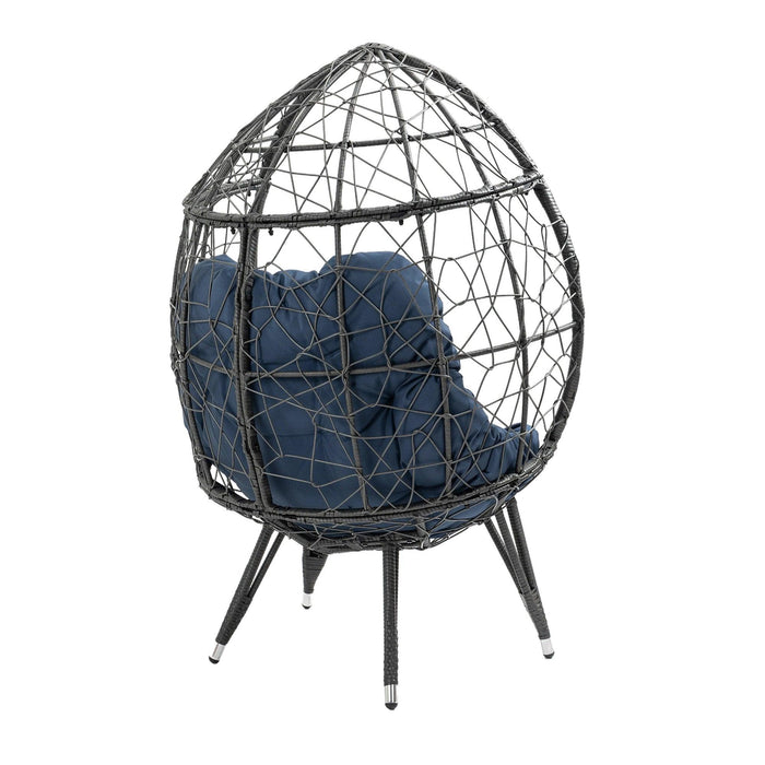 Outdoor Patio Wicker Egg Chair Indoor Basket Wicker Chair with Navy Cusion for Backyard Poolside