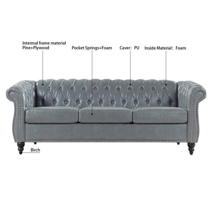 84.65" Rolled Arm Chesterfield 3 Seater Sofa.