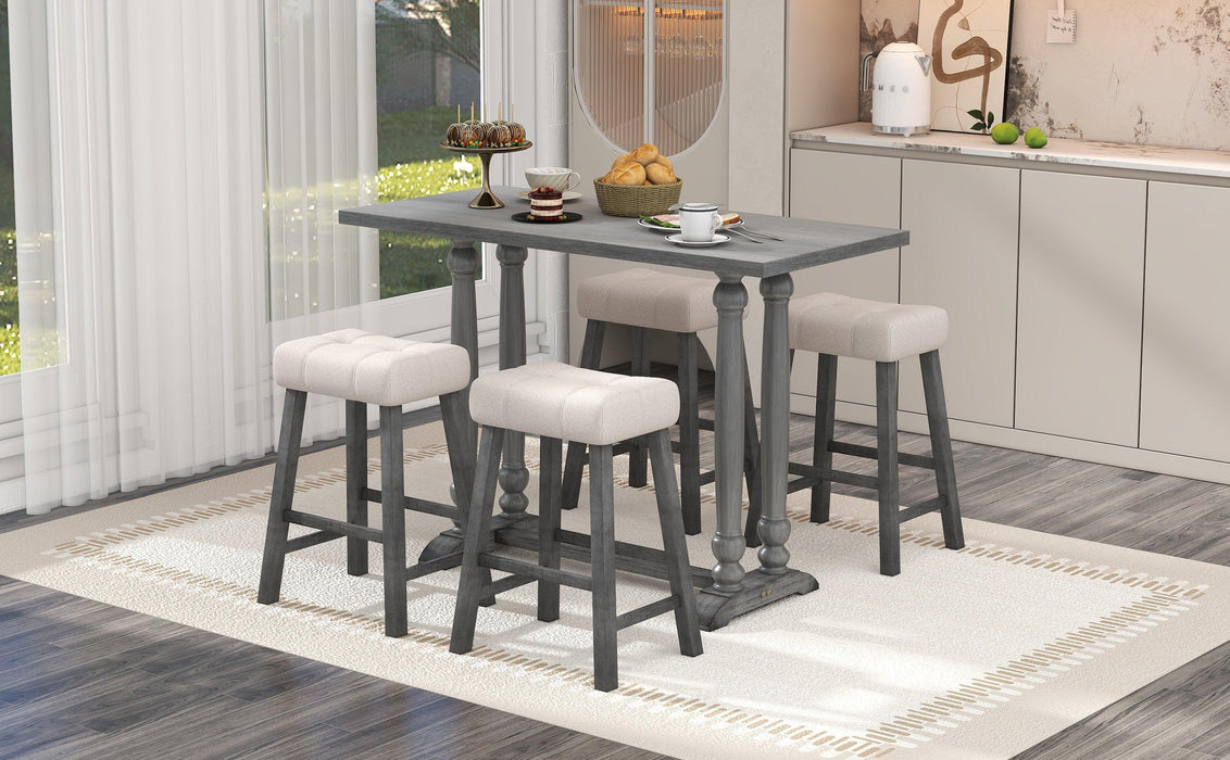 5-Piece Dining Table Set, Counter Height Dining Furniture with a Rustic Table and 4 Upholstered Stools for Kitchen, Dining Room (Gray)