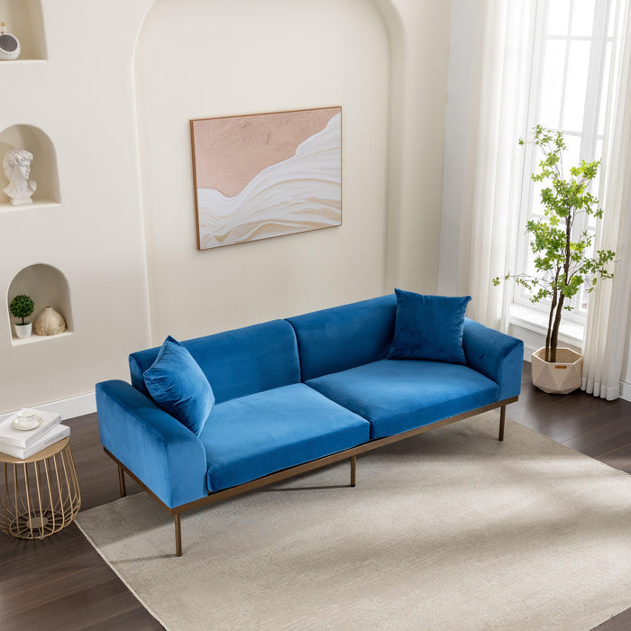 Modern Velvet Sofa with Metal Legs,Loveseat Sofa Couch with Two Pillows for Living Room and Bedroom,Blue