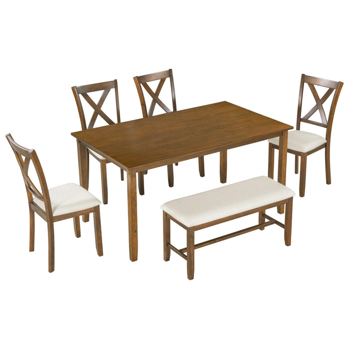 6-Piece Kitchen Dining Table Set Wooden Rectangular Dining Table, 4 Fabric Chairs and Bench Family Furniture (Natural Cherry)