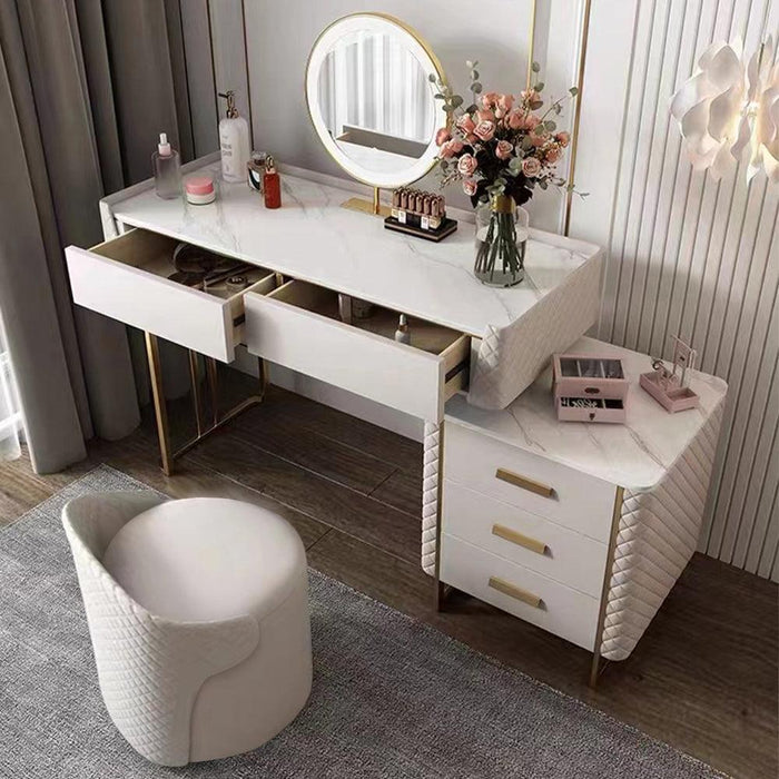 Luxury Makeup Vanity Set with LED Lighted Mirror, Side Cabinet and 5 Drawers,Modern Sintered Stone Dressing Table with Stool, 39.5", White