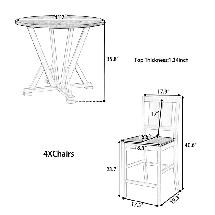 Rustic Farmhouse 5-Piece Counter Height Dining Table Set, Round Kitchen set with 4 Dining Chairs and Thick Tabletop, Brown