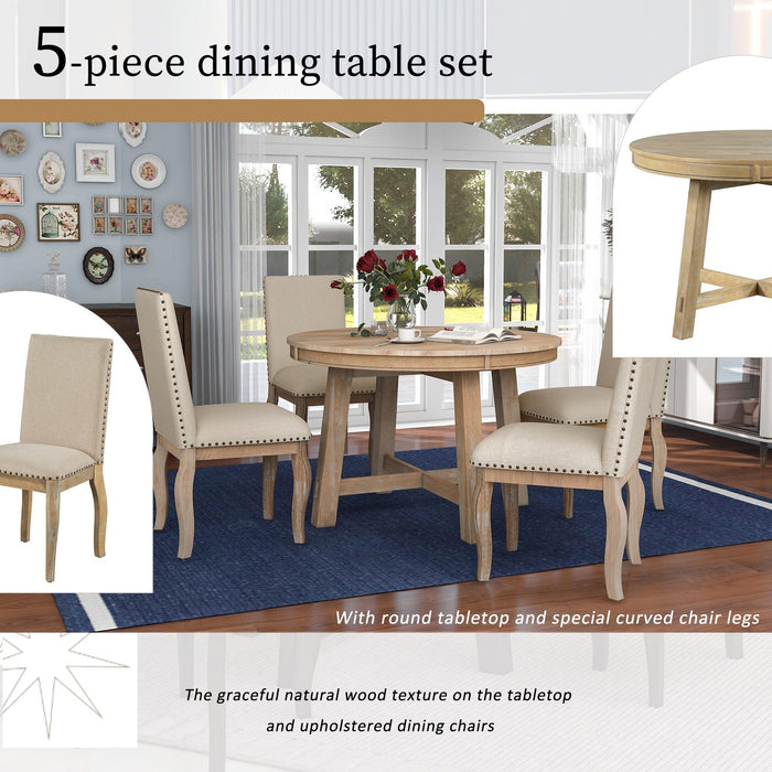 5-Piece Farmhouse Dining Table Set Wood Round Extendable Dining Table and 4 Upholstered Dining Chairs (Natural Wood Wash)