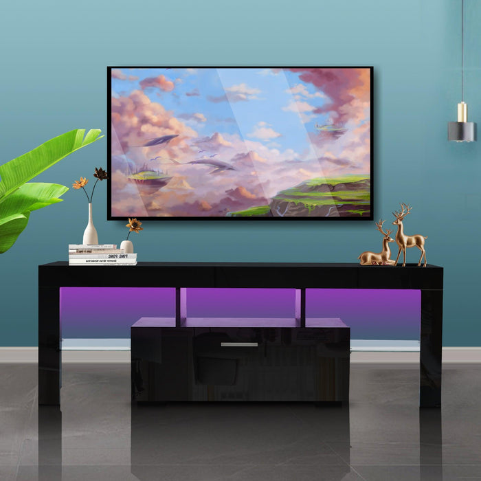 Black morden TV Stand with LED Lights,high glossy front TV Cabinet,can be assembled in Lounge Room, Living Room or Bedroom,color:BLACK