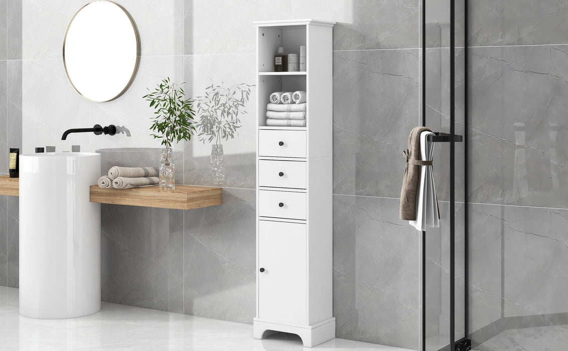 White Tall Bathroom Cabinet, FreestandingStorage Cabinet with 3 Drawers and Adjustable Shelf, MDF Board with Painted Finish