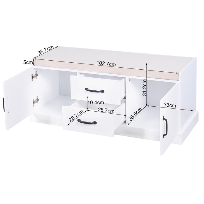 Wooden EntrywayShoe Cabinet with 2 Drawers and 2 Doors Living RoomStorage Bench with White Cushion