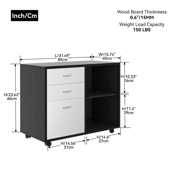 32'' Wide 3 -Drawer Mobile Lateral Filing Cabinet,Black oak and Grey File Cabinet with Printer Stand for Home Office