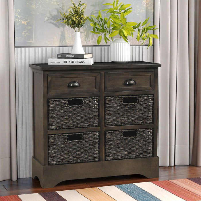 RusticStorage Cabinet with Two Drawers and Four  Classic Rattan Basket for Dining Room/Living Room (Brown Gray)