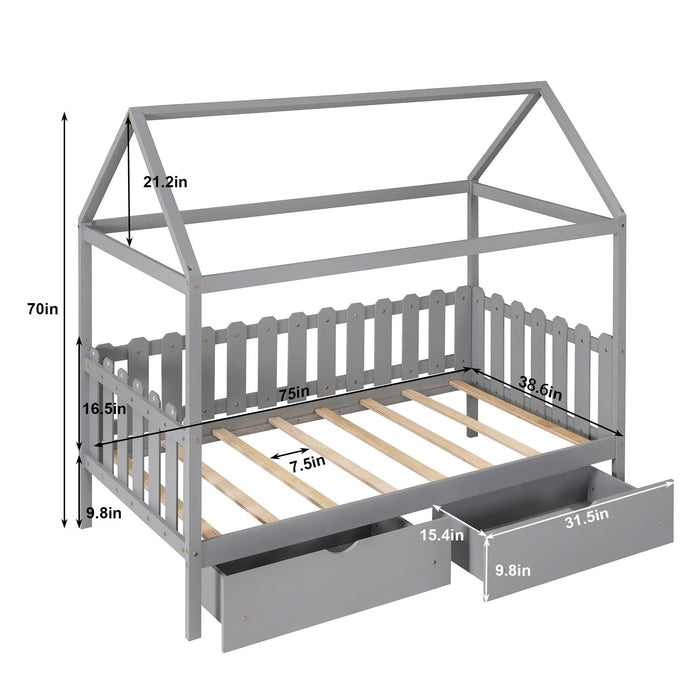 Twin Size House Bed with drawers, Fence-shaped Guardrail, Gray