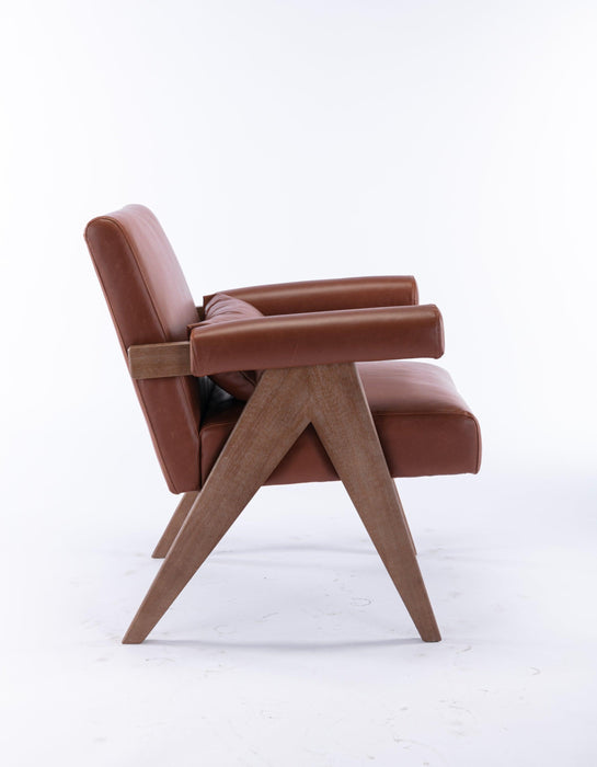 Accent chair, KD rubber wood legs with Walnut finish. PU leather cover the seat. With a cushion.Brown