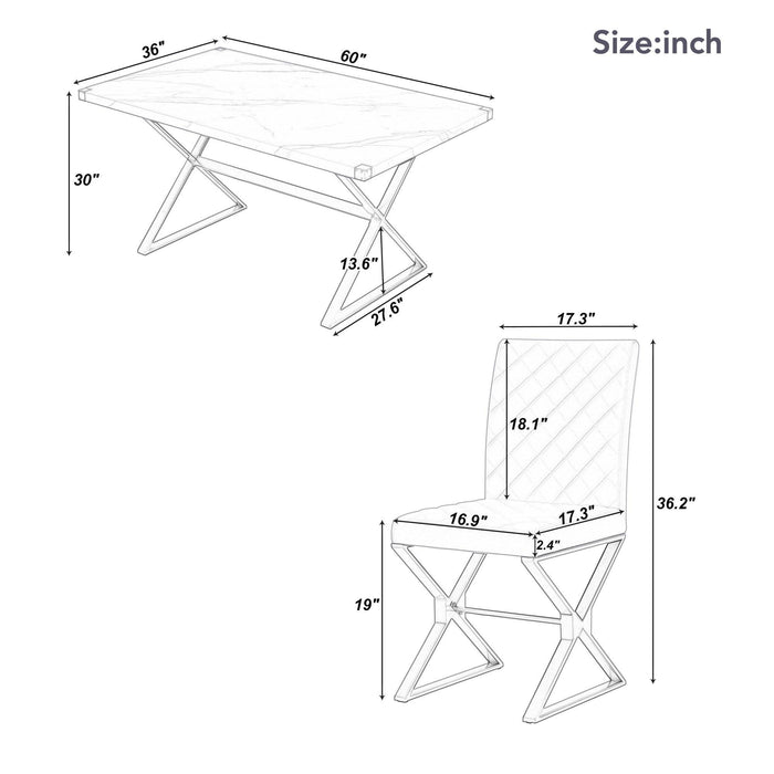 7-PieceModern Dining Table Set, Rectangular Marble Texture Kitchen Table and 6 PU leather Chairs with X-Shaped Gold Steel Pipe Legs for Dining Room (White)