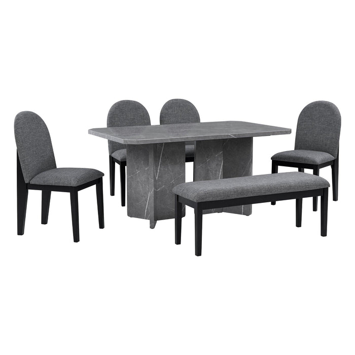 6-PieceModern Style Dining Set with Faux Marble Table and 4 Upholstered Dining Chairs & 1 Bench (Gray)