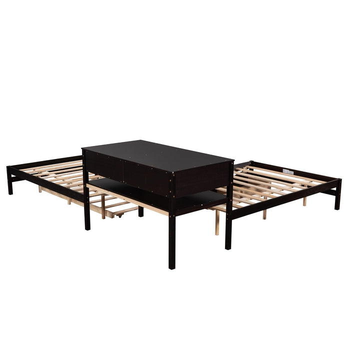 Full Size L-shaped Platform Beds with Twin Size Trundle and Drawers Linked with Built-in Rectangle Table,Espresso