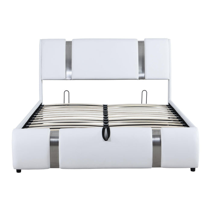 Full Size Upholstered Faux Leather Platform bed with a HydraulicStorage System, White