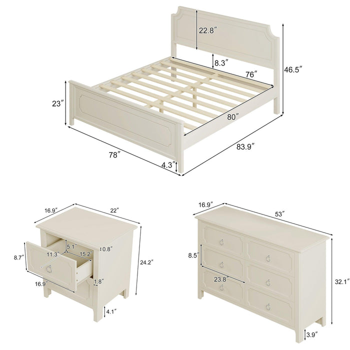 3 Pieces Bedroom Sets Milky White Solid Rubber Wood King Size Platform Bed with Nightstand and Dresser