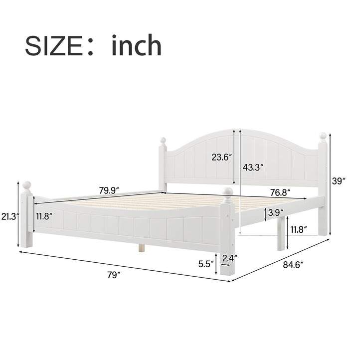 Traditional Concise Style White Solid Wood Platform Bed, No Need Box Spring, King