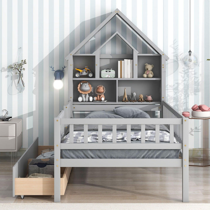 Twin Size House-Shaped Headboard Bed with Fence Guardrails and Drawers ,Gray