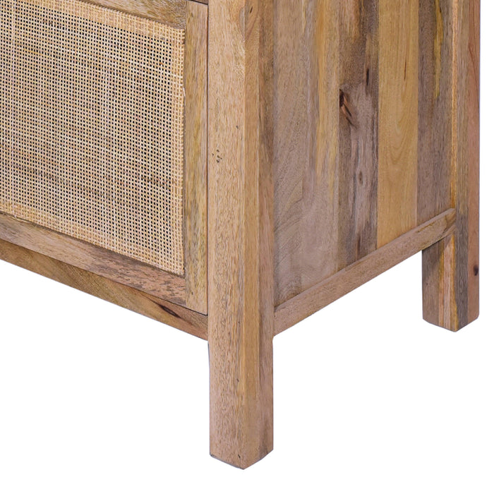 Ryan 31 Inch Cottage ManWoodStorage Cabinet Table, Cane Rattan Panels, 3 Drawers, Natural Brown