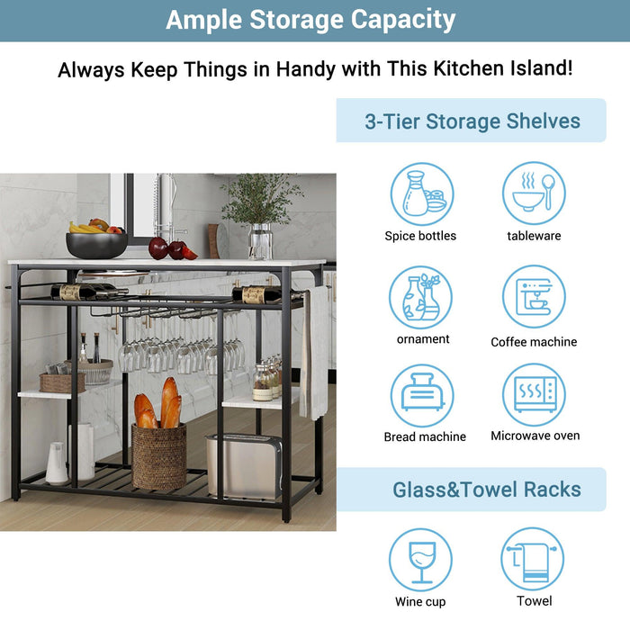 Counter Height Kitchen Dining Room Kitchen Island Prep Table with Glass Racks, Kitchen Rack with Large Worktop, Console Table for Living Room, Marble White