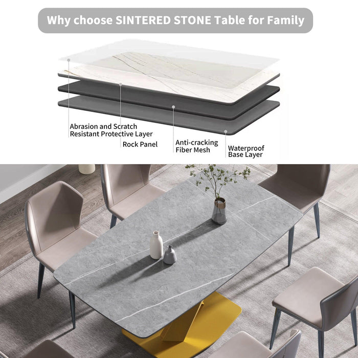 70.87"Modern artificial stone gray curved golden metal leg dining table-can accommodate 6-8 people