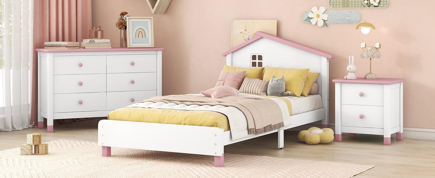 3-Pieces Bedroom Sets Twin Size Platform Bed with Nightstand andStorage dresser,White+Pink