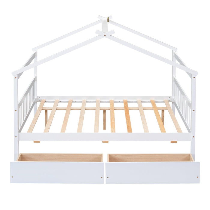 Full Size Wooden House Bed with Drawers, White