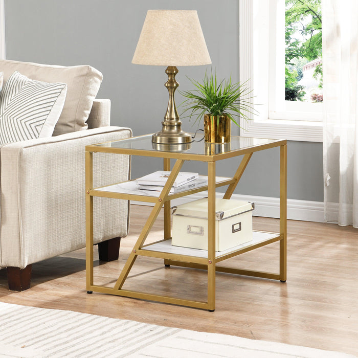 lden Side Table, End Table withStorage Shelf, Tempered Glass Coffee Table with Metal Frame for Living Room&Bed Room,