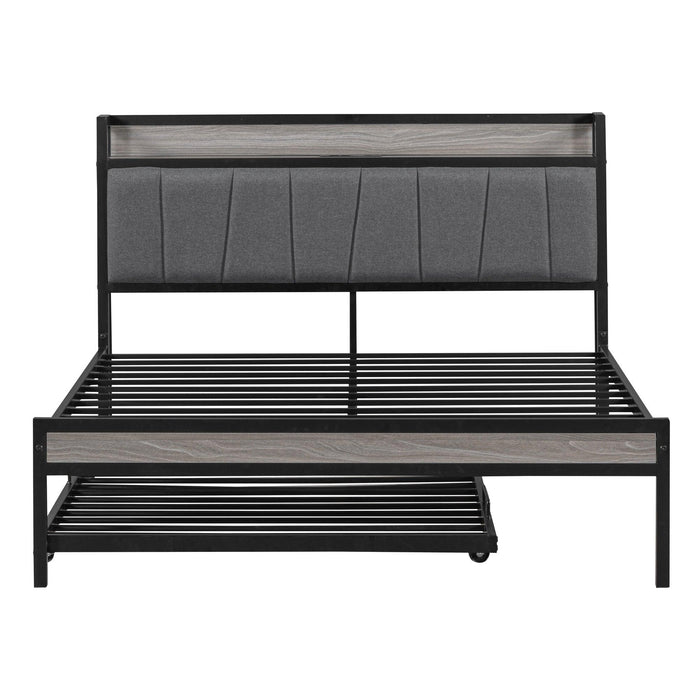 Full Size Metal Platform Bed Frame with Twin size trundle, Upholstered headboard ，Sockets, USB Ports and Slat Support ,No Box Spring Needed，Black