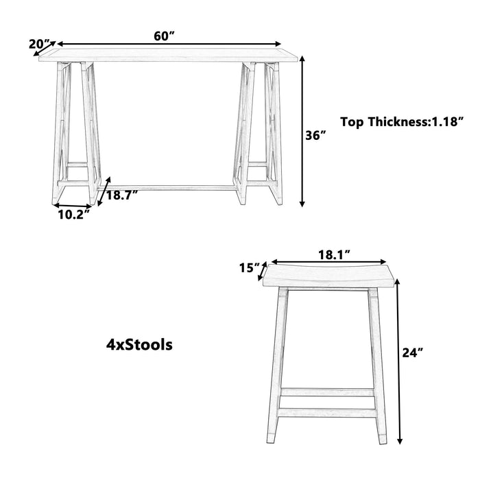 Rustic Counter Height 5-Piece Dining Set, Wood Console Table Set with 4 Stools for Small Places,Walnut+Blue