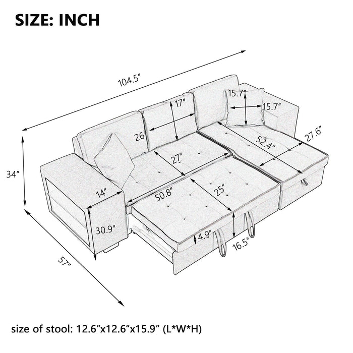 104"Modern L-Shape 3 Seat Reversible Sectional Couch, Pull Out Sleeper Sofa withStorage Chaise and 2 Stools for Living Room Furniture Set,Knox Charcoal