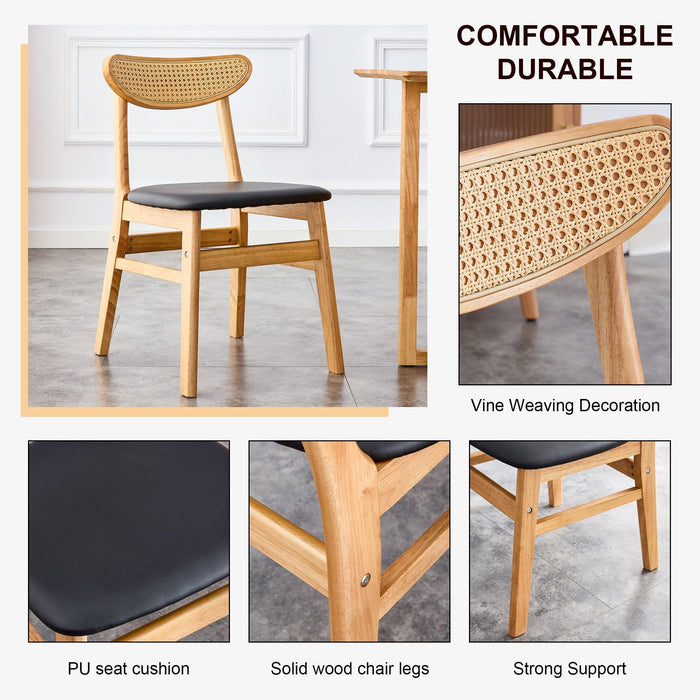 Solid Wood Dining Chair Stylish and Durable Small with Curved Backrest, PU+Foam Cushion, and Plastic Rattan Surface - Perfect for Any Room Décor and Daily Use (Set of 4)