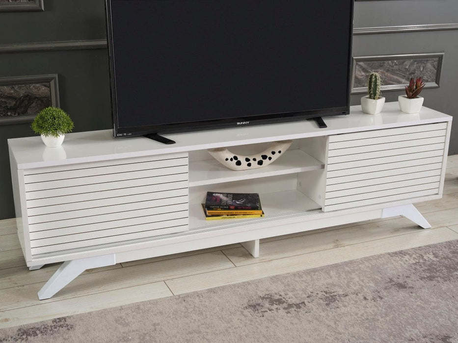 Luxia Mid CenturyModern Tv Stand 2 Sliding Door Cabinet 2 Shelves 67 inch Tv Uni, White