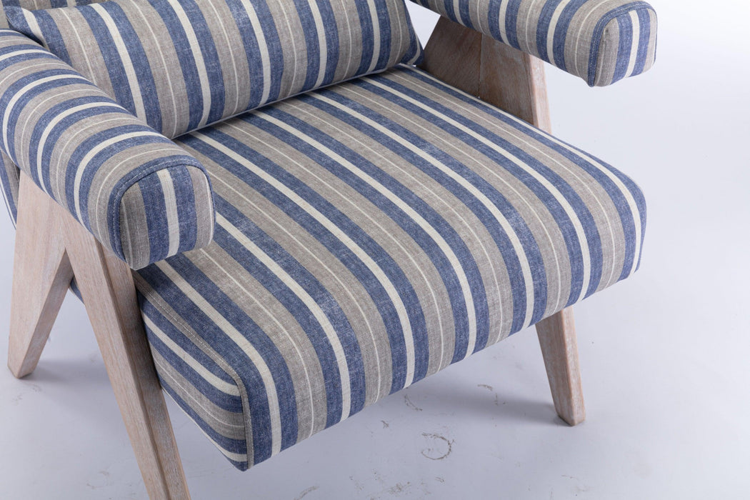 Accent chair, KD rubber wood legs with black finish. Fabric cover the seat. With a cushion.Blue Stripe